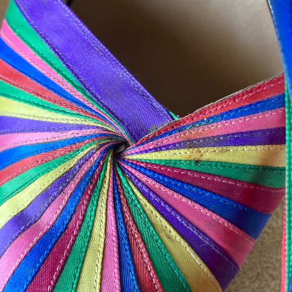 Italian Satin Rainbow Stripe Pumps with Ribbon Ties - Colorful Heels - Size 6 - Picture 10 of 10